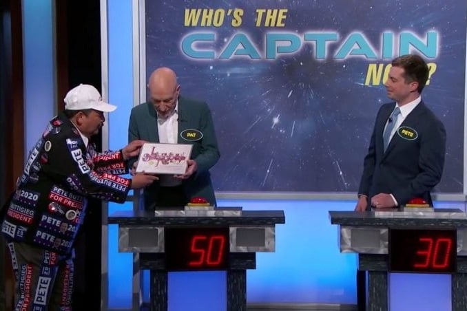 Scene from the Jimmy Kimmel show with Patrick Stewart, Pete Buttegeig and Guillermo Rodriguez