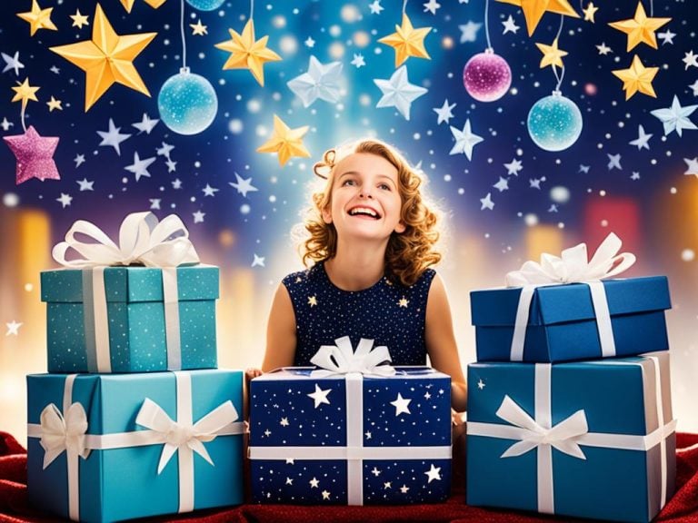 A happy young woman surrounded by gift boxes