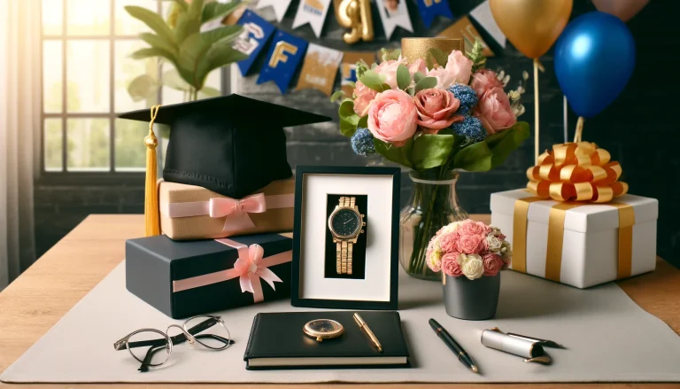 graduation cap on a table with a gold watch and other gifts