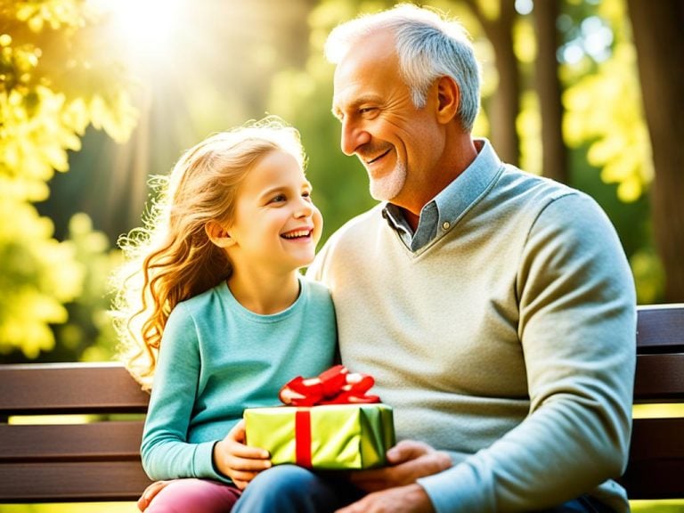 A grandfather and granddaughter on a park bench with a gift