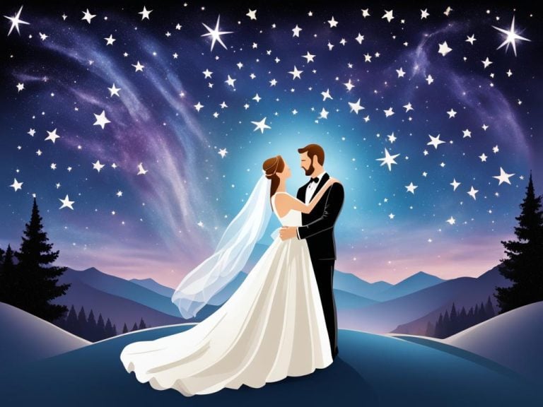 A wedding couple dances under the stars