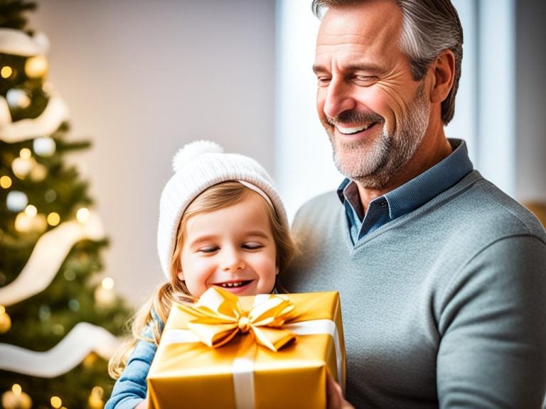 A man with grey hair and a young girl hold a yellow gift box