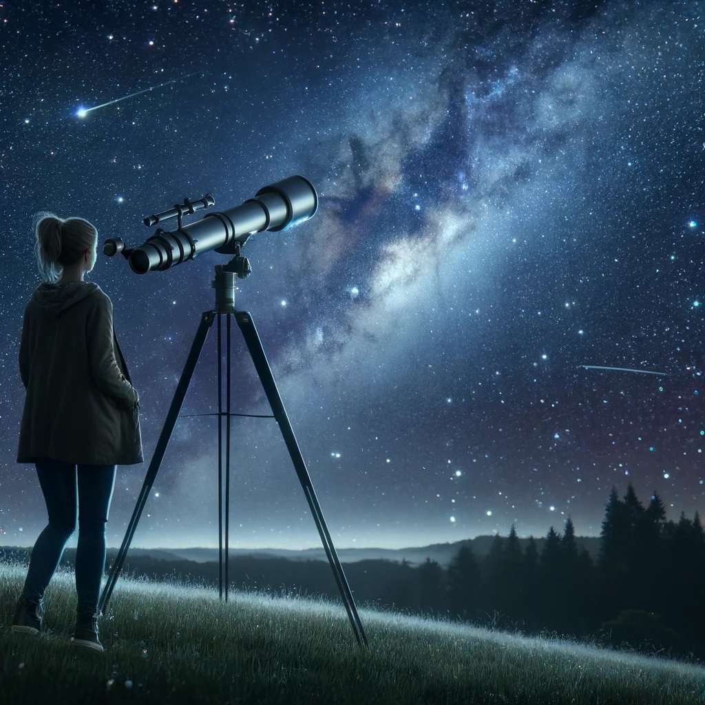 Girl with telescope and Milky Way