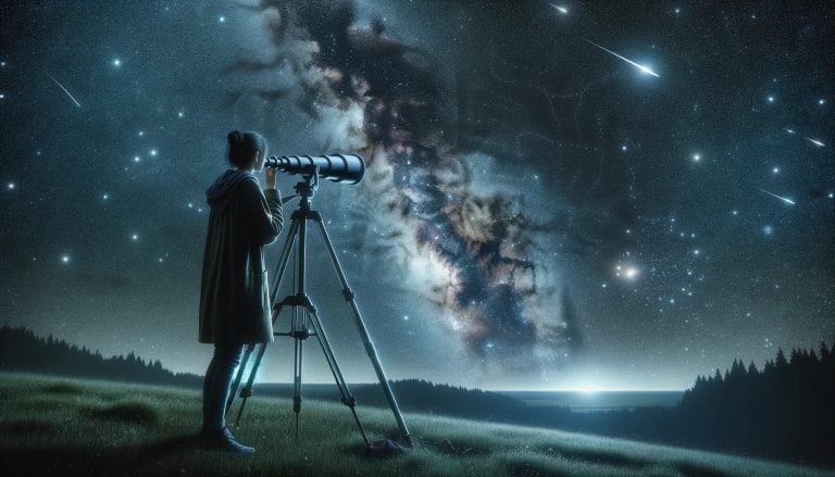 Girl looking at the stars through a telescope