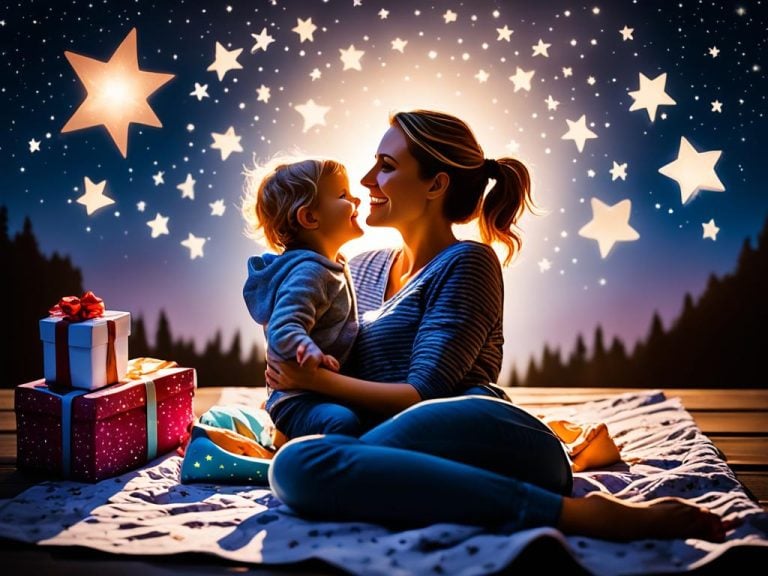 Mom and child on a blanket under the stars