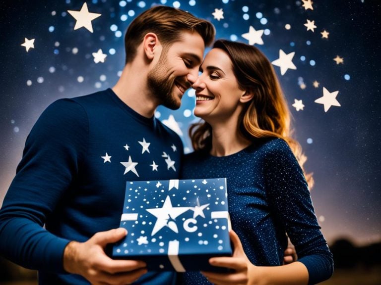 A loving couple holds a gift box adorned with a star under a starry sky