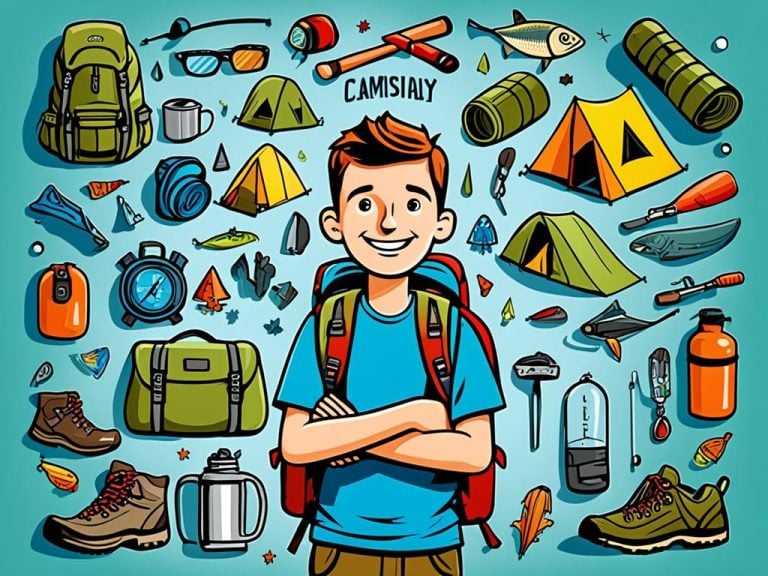 Happy Boy with tents, boots, and other camping gear