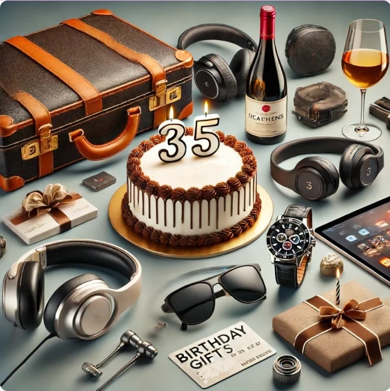 35th birthday cake surrounded by gifts including a briefcase, headphones and a tablet
