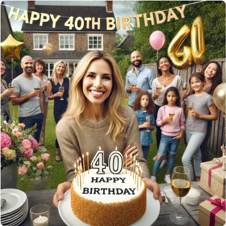 woman holding a 40th birthday cake at an outdoor party with family