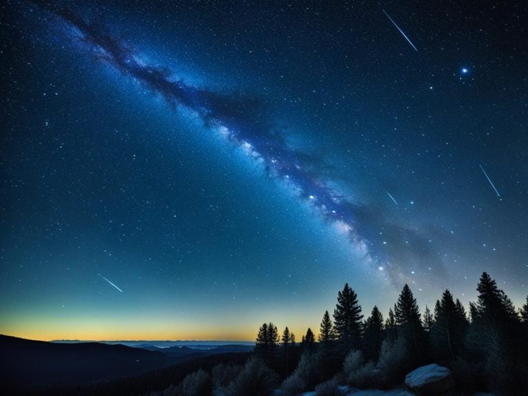 A meteor shower streaks across the night sky. The Milky Way stretches upward to the left. There are pine trees below.