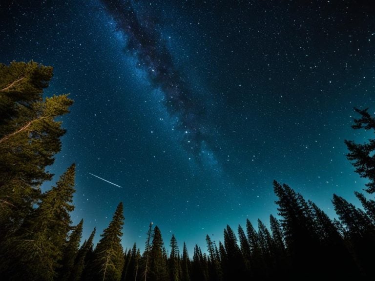 A meteor streaks across the night sky. The Milky Way also lights up the sky. There are pine trees below.