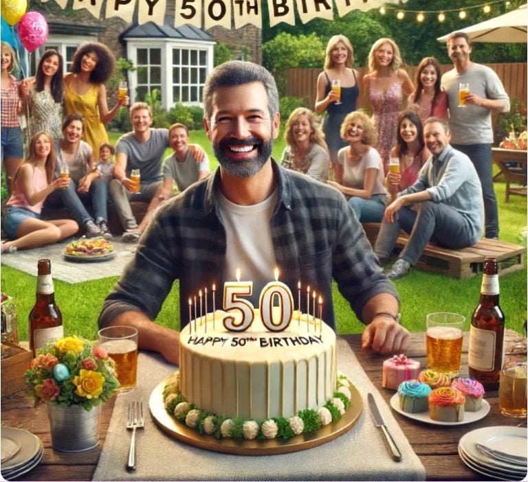 man with a plaid shirt and a beard celebrating his 50th birthday with cake and friends