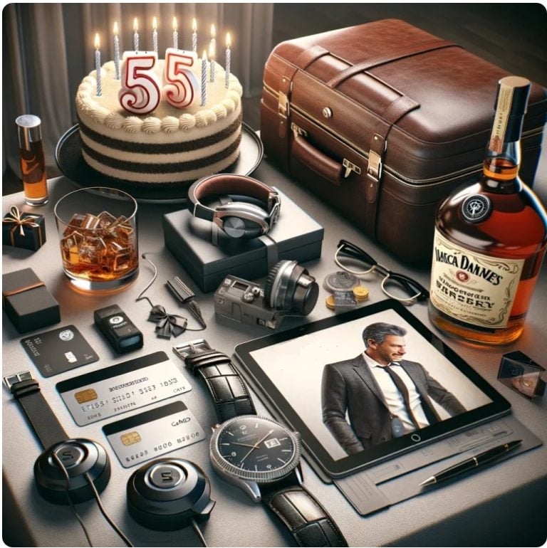 A table is covered with birthday gift items for a man including liquor, a watch, a tablet, a briefcase, and a cake with candles