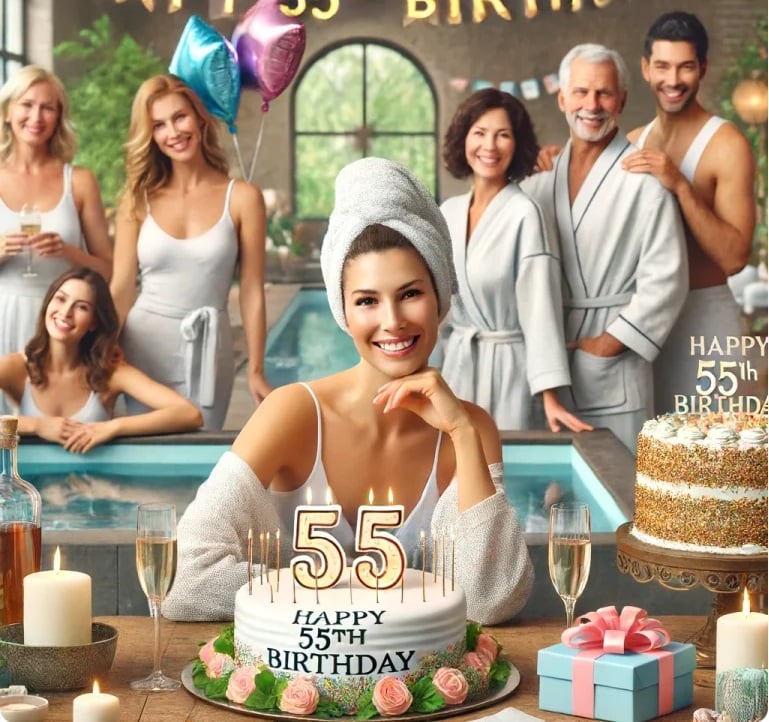 group of people in a spa celebrating a birthday. A woman has a towel on her head and people are wearing robes.