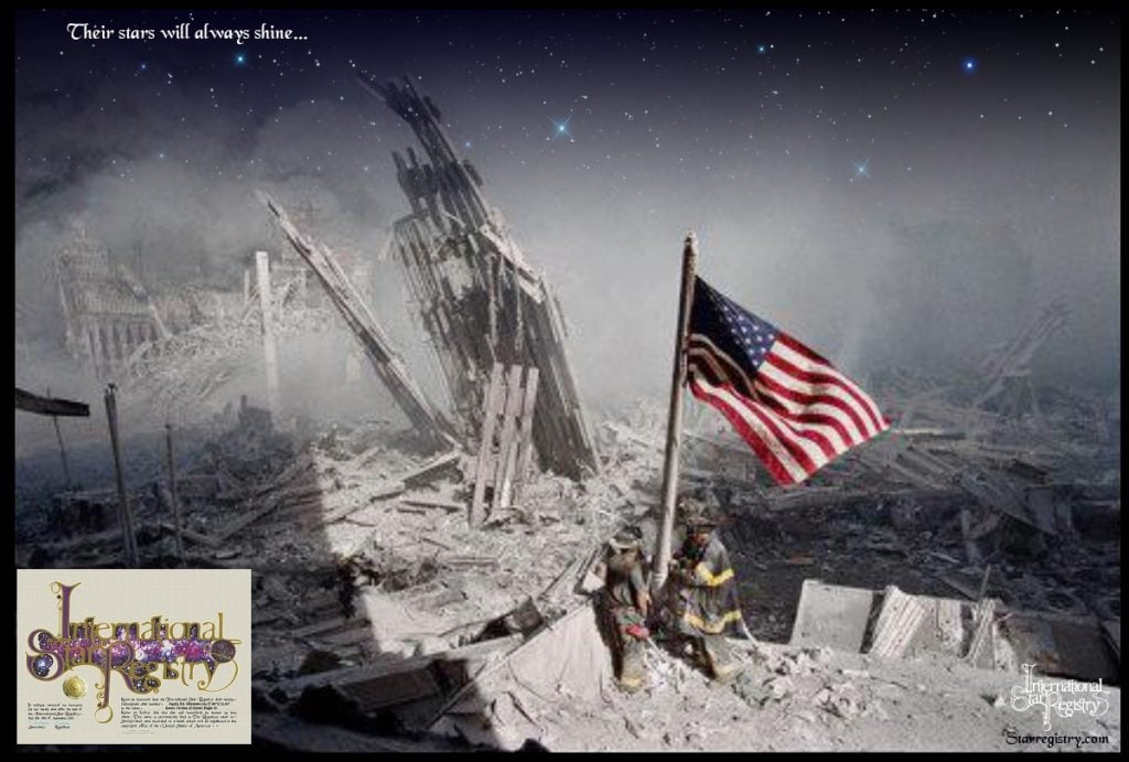 Famous Flag rasing at World Trade Center with International Star Registry Certificate added