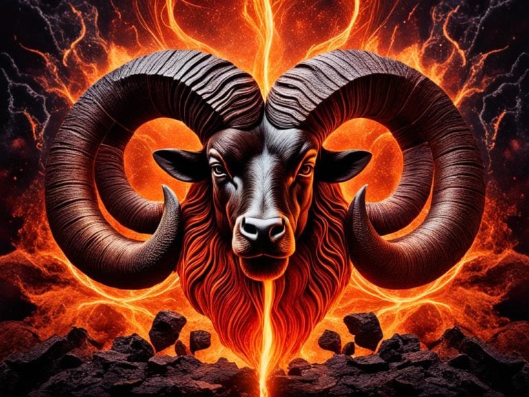 The constellation Aries shown as a strong Ram emerging from fire