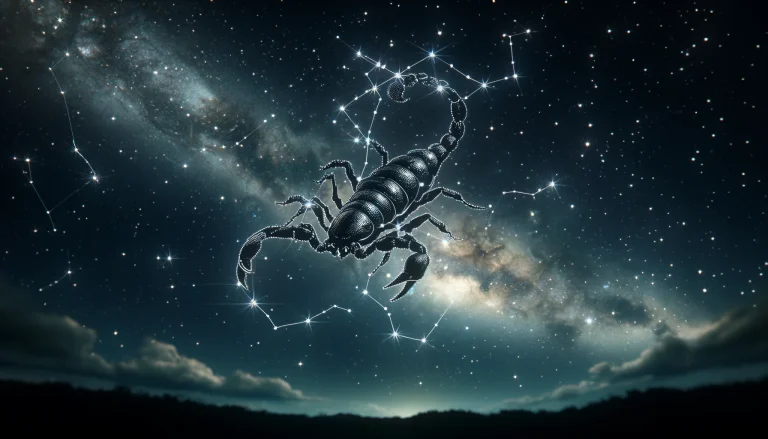 Fanciful image of a scorpion and against a starry sky backdrop