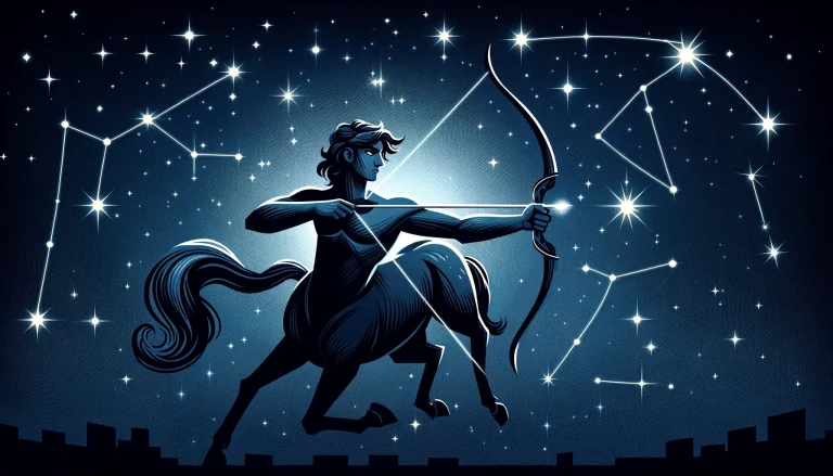 Sagittarius the Satyr hold a bow and arrow against a starry sky