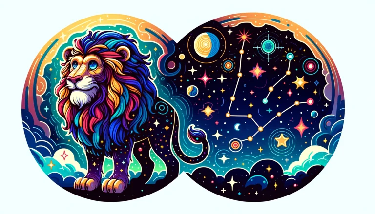 two circles are joined. One shows the zodiac sign Leo and the other shows the stars