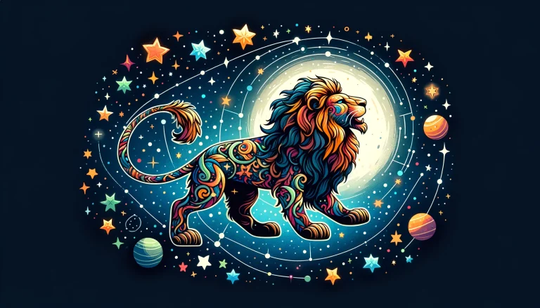 Colorful cartoon image of Leo the lion in a swirl of stars