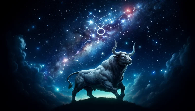 Imaginative image of Taurus the bull standing under a starry sky.