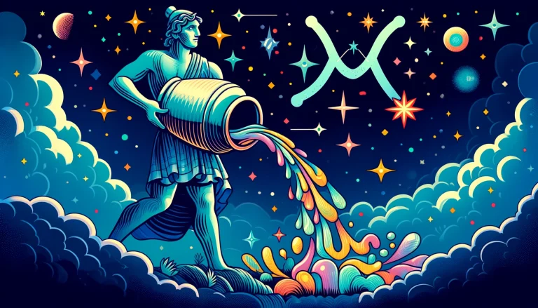 Cartoon of Aquarius pouring colorful water