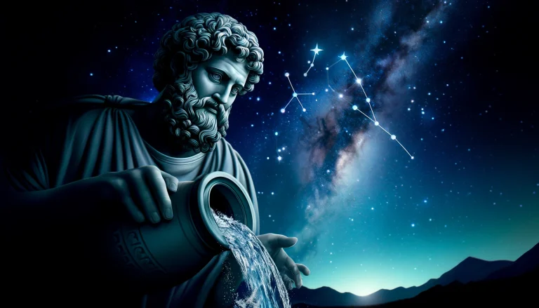 Aquarius pouring water with a starry sky