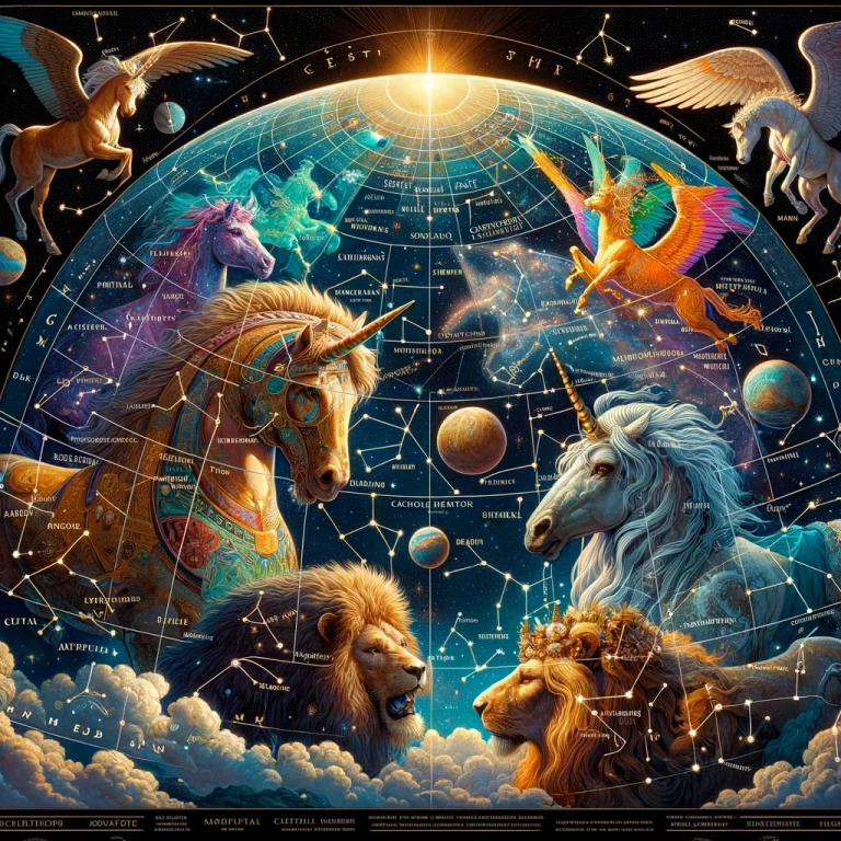 the celestial sphere featuring represntations of some constellations including Leo, Monoceros, and Pegasus