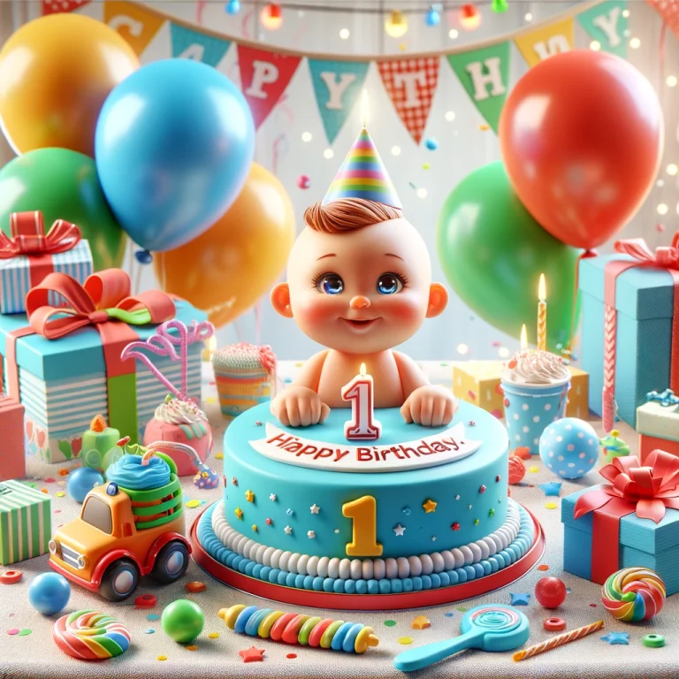 Catroon image of baby with a cake and birthday balloons