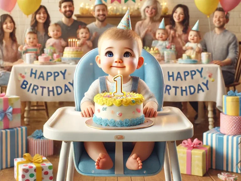 First birthday party for a baby in a highchair with a birthday cake