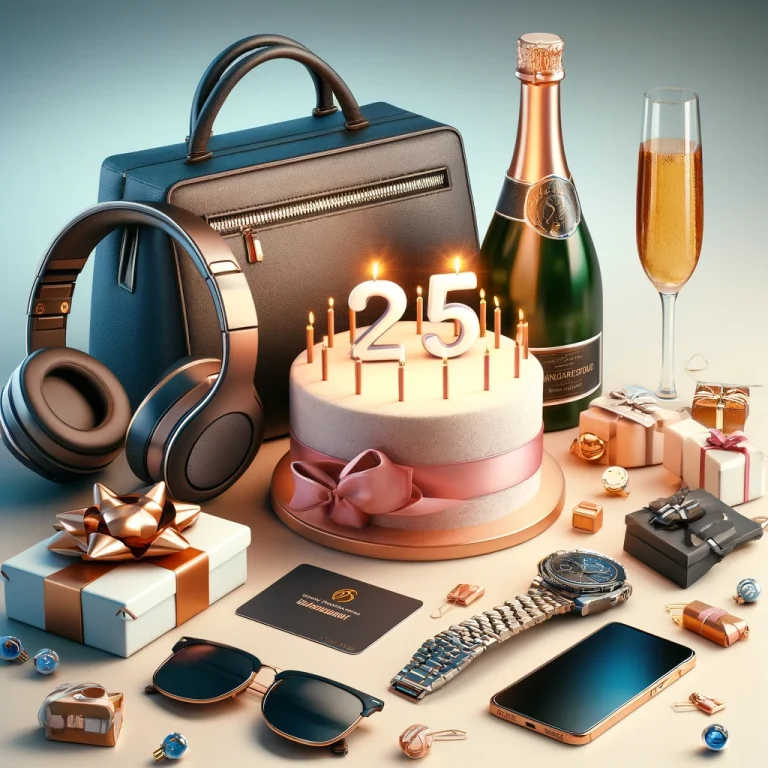 gifts for a 25th birthday with cake, watch, phone, and wine
