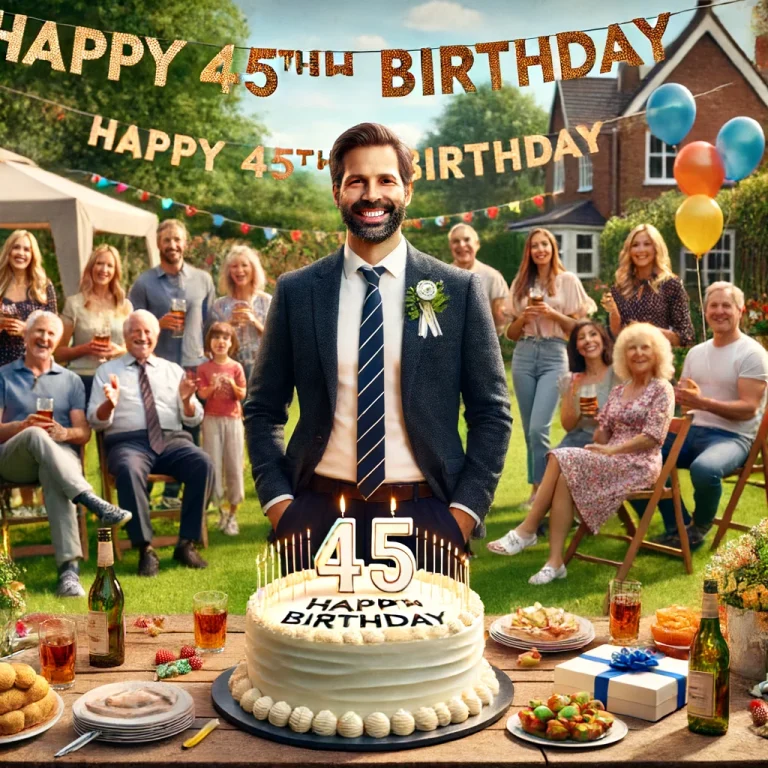 well dressed man stands in front of a 45th birthday cake outside