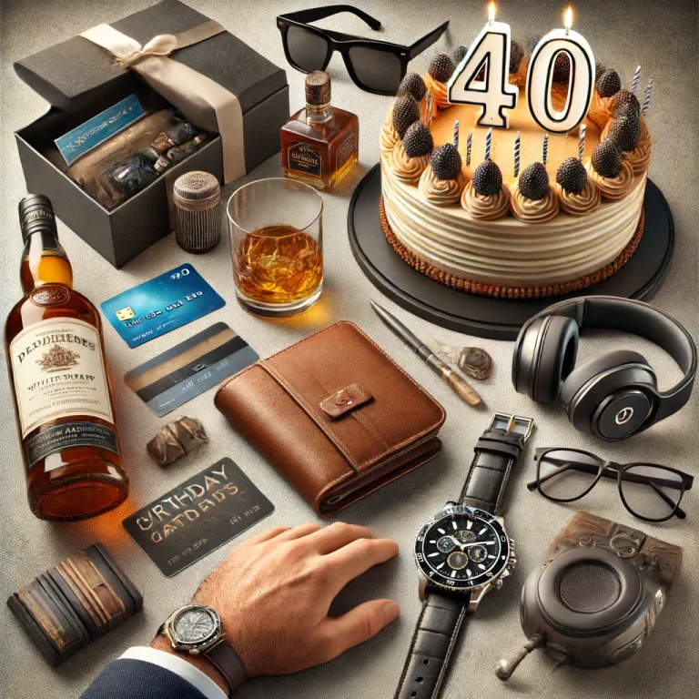 40th birthday cake with gifts for a man including liquor and a wallet