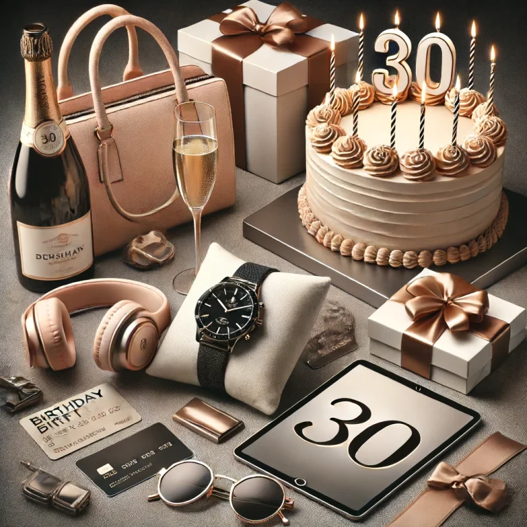table filled with elegant 30th birthday gifts