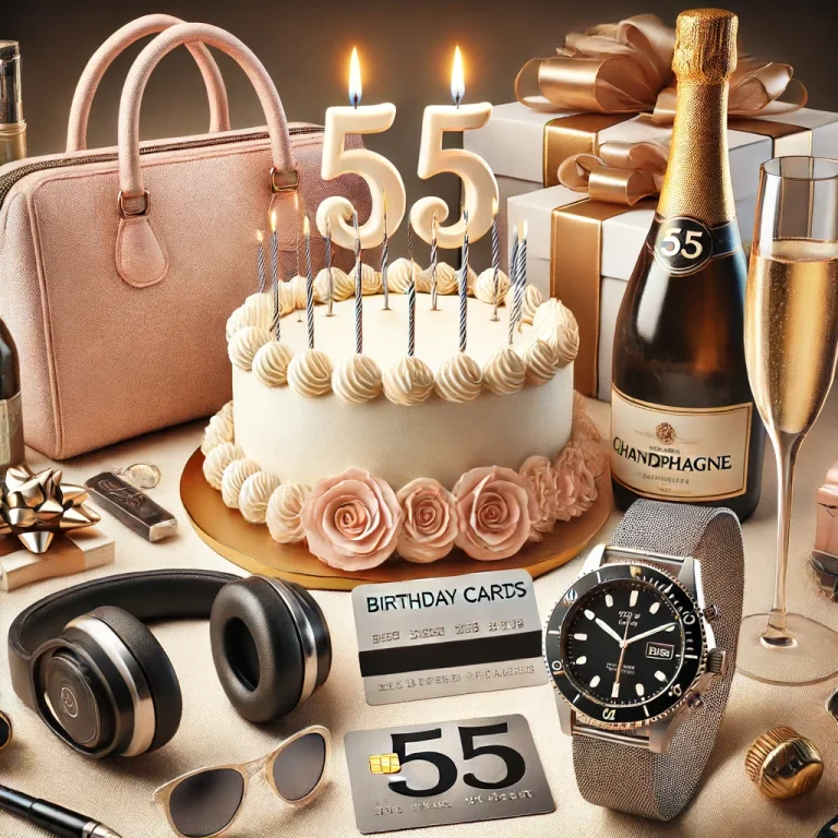 table with a birthday cake, purse,headphones, and other gifts