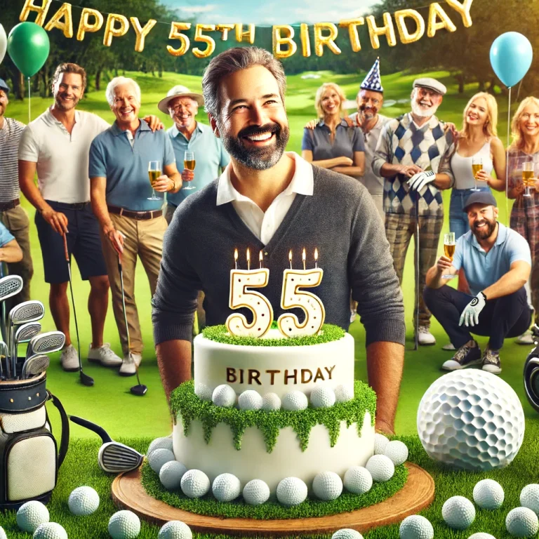 Man with a birthday cake on a golf course with friends