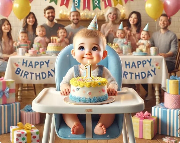 Smiling Baby celebrating first birthday sits in a high chair with a cake