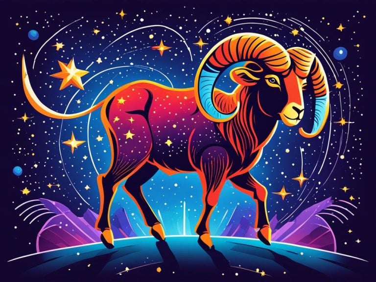 Colorful image of Aries the Ram against a night sky