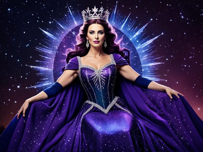 A beautiful queen is dressed in purple and a crown adorned with stars. She sits on a glowing throne with a starry sky behind her.