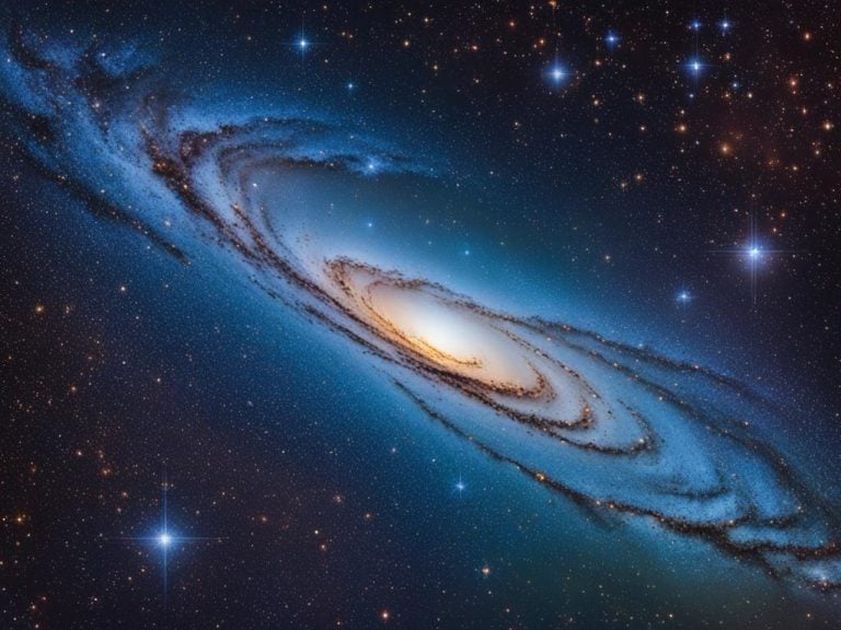 Artists representation of a barred spiral galaxy viewed from the side. This galaxy would appear similar to our own Milky Way. The night sky behind it is black with colored stars. The arms of the galaxy are blue. The center of the galaxy is a fiery yellow-white.