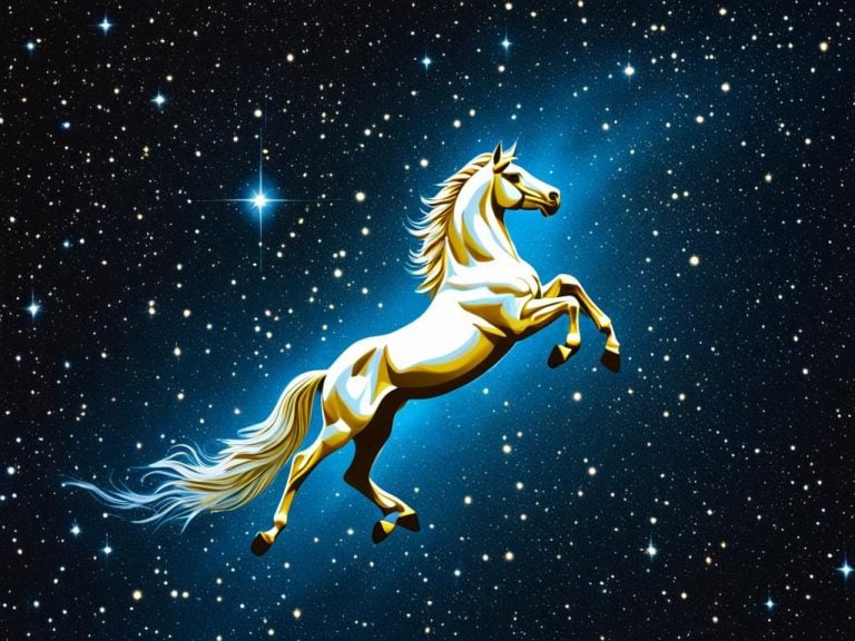 A white horse flies through the stars. The night sky is blue.