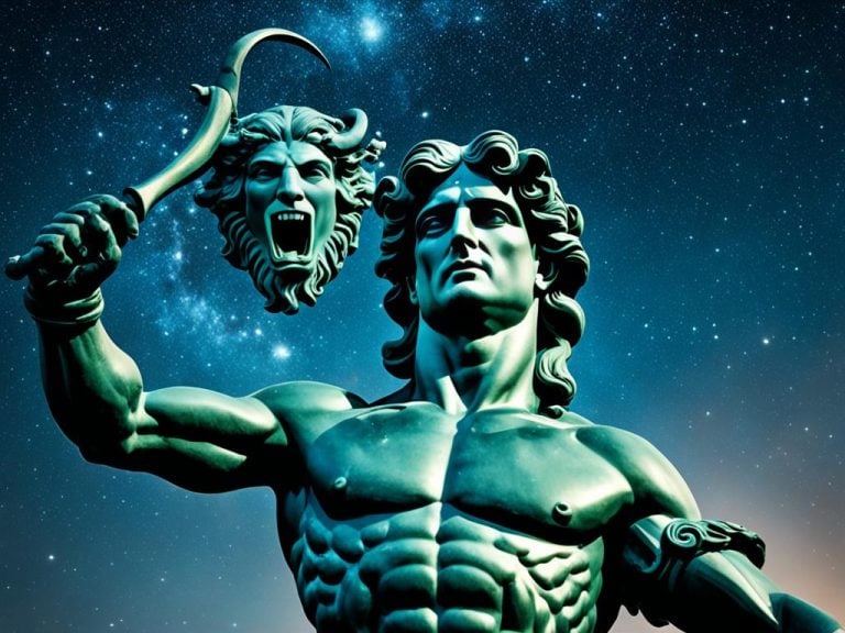 Green statue representing Perseus the hero with the head of the monster he has slain. Behind him is a night sky filled with stars