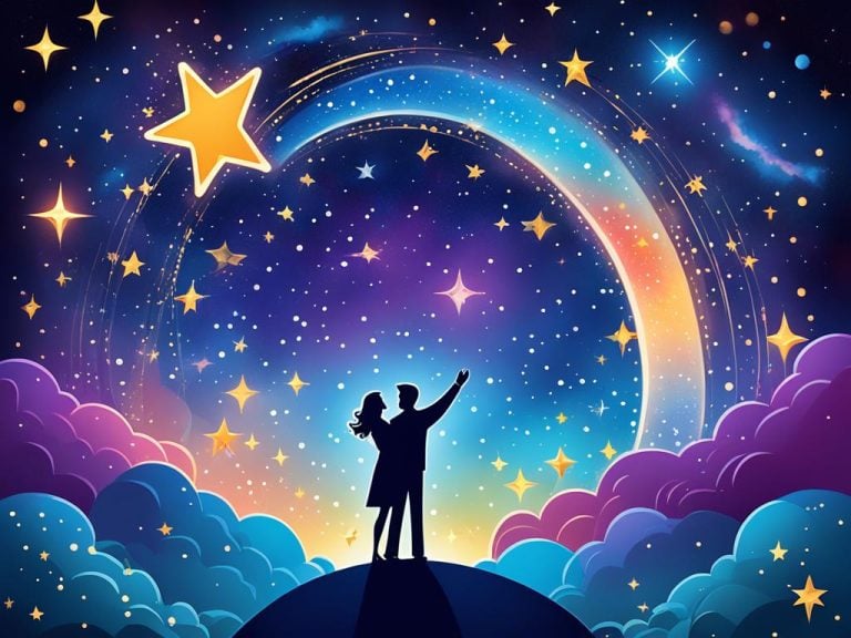 Colorful cartoon of a loving couple looking out happily at the stars