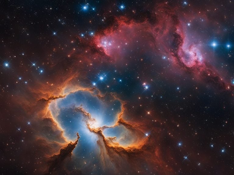 Artists rendition of swirling nebulae. The clouds are orange and red. the sky behind it is blue with bright stars.