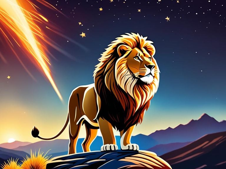 A handsome Lion looks at the world from a mountain. Stars are behind him.