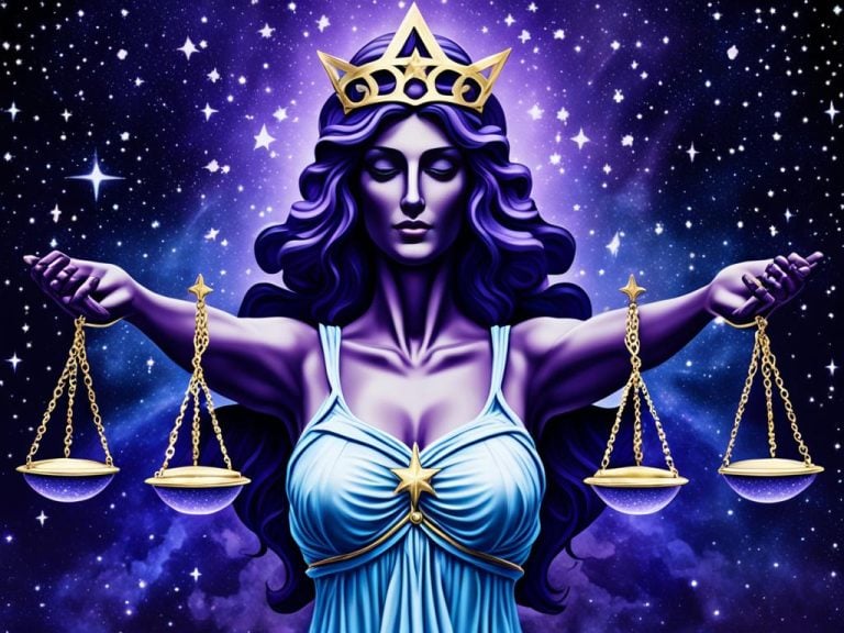A woman holds scales in each hand. Two more scales are suspended in from of her. She is wearing a blue dress with a gold star and a gold crown on her head. There is a sky filled with stars behind her.