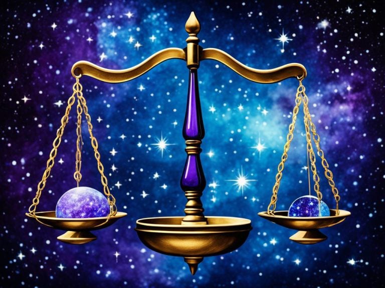 A gold and blue scale representing Libra holds a rock on either side. The rocks appear to be spheres of stars. behind the scale is a starry night sky.