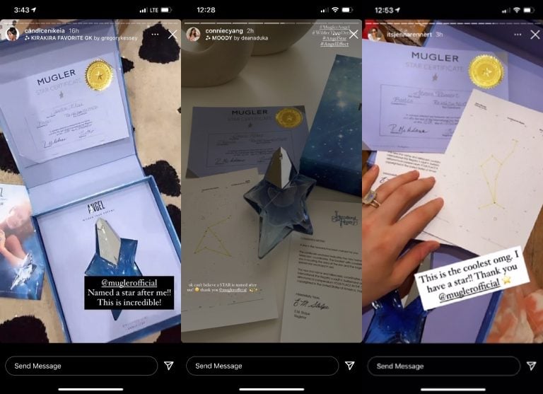 screenshots from Influencers showing a custom star certificate and Mugler perfume