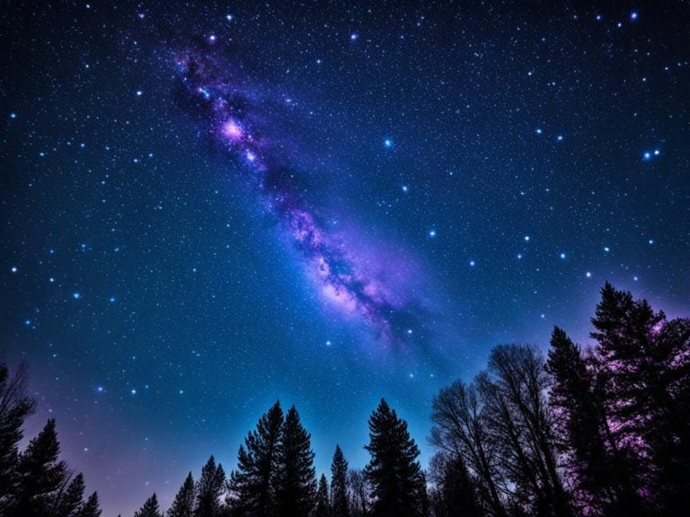 Looking upward at a band of stars rising above a stand of trees and into the blue night sky. The sky is filled with stars. The band of stars is blue and pink. There is a glow of pink around the horizon.