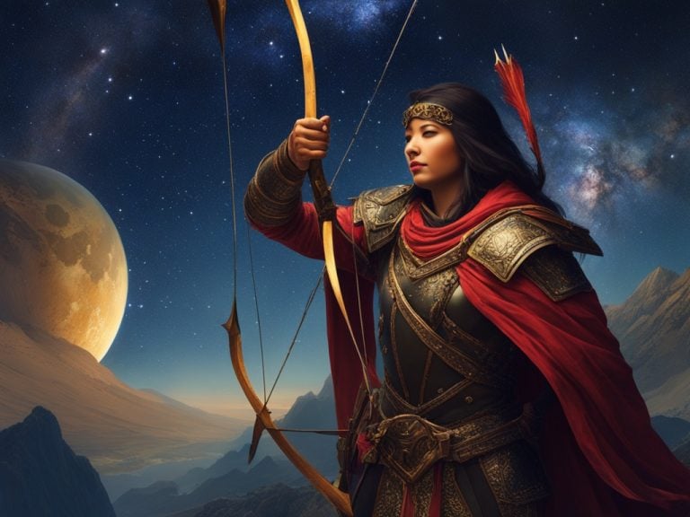 A strong woman hunter stands on a mountian with a giant moon behind her. She is dressed is armour and red robes and carries a bow.